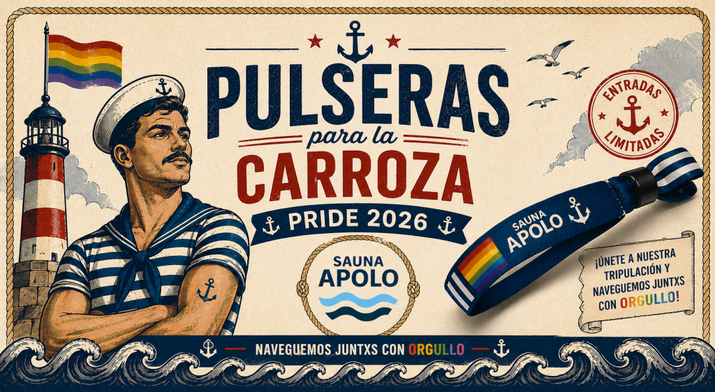 Pulseras para la carroza de Sauna Apolo en el Pride Torremolinos 2026 con temática marinera y plazas limitadas.