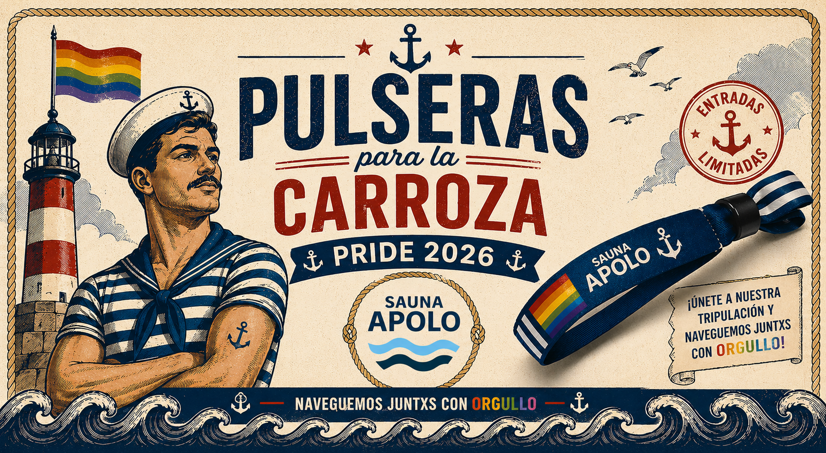 Pulseras para la carroza de Sauna Apolo en el Pride Torremolinos 2026 con temática marinera y plazas limitadas.