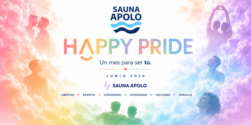 Campaña Happy Pride 2026 de Sauna Apolo en Torremolinos con diseño en colores pastel inspirados en la bandera LGTBI y mensaje Un mes para ser tú.
