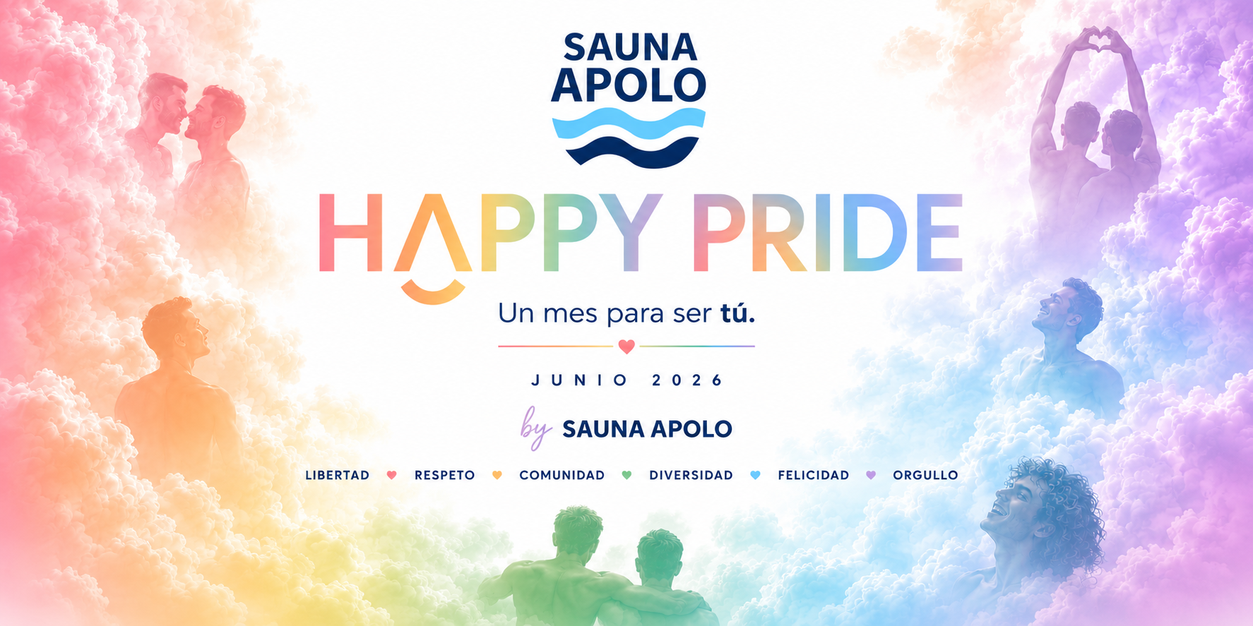 Campaña Happy Pride 2026 de Sauna Apolo en Torremolinos con diseño en colores pastel inspirados en la bandera LGTBI y mensaje Un mes para ser tú.